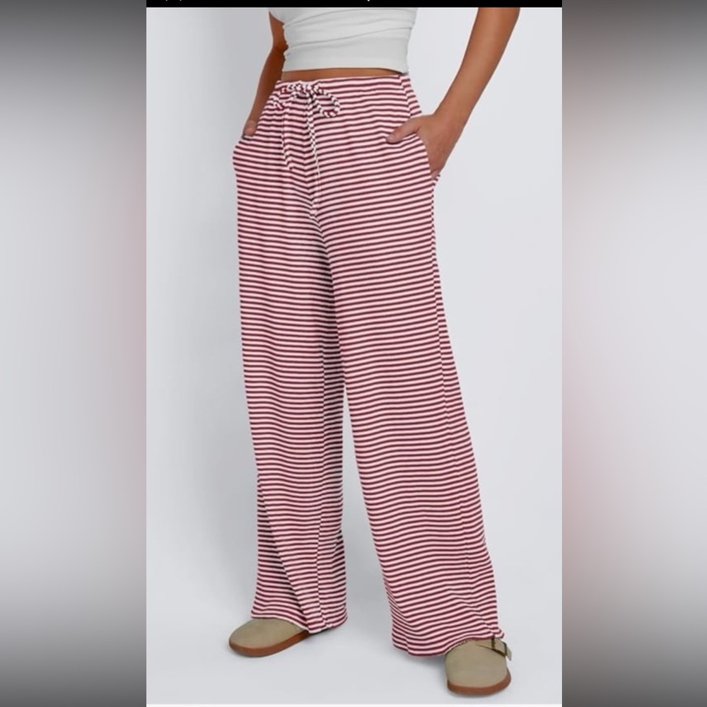 Trendy Queen Womens Striped Ribbed Wide Leg Pants Casual Drawstring Elastic XL